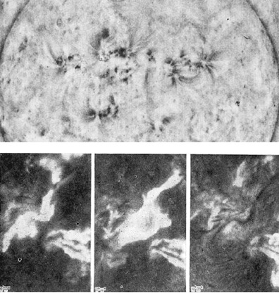 рис.1 Фотография Солнца со «СкайЛэба» вверху и с коронографа Крымской обсерватории внизу.